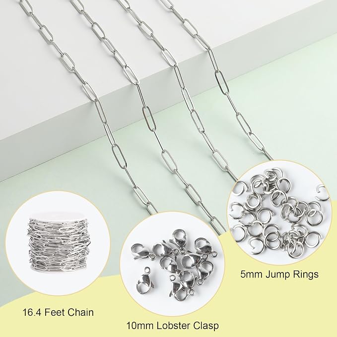 SMYHTGLIF 16.4 Feet Silver Stainless Steel Jewelry Making Chains Oval Paperclip - Image 2