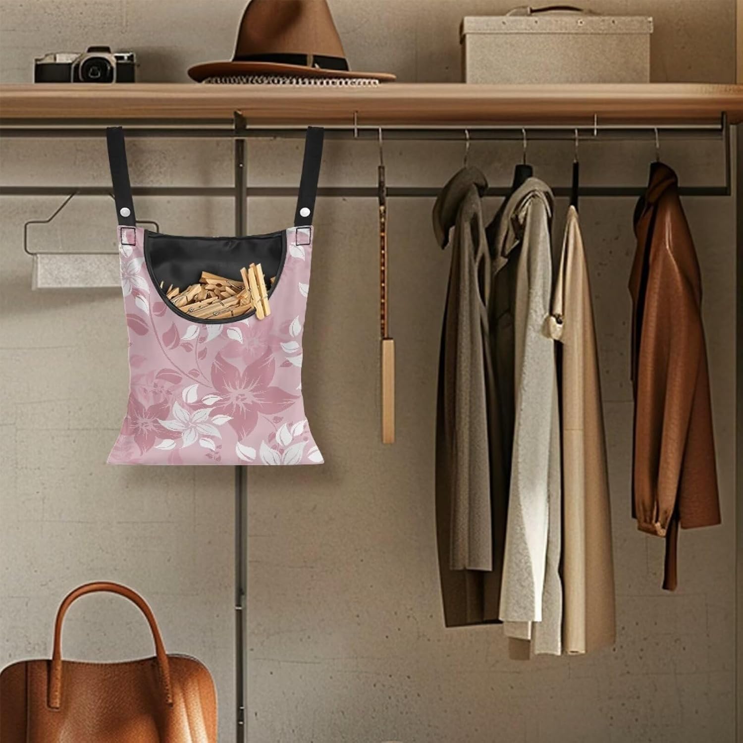 Reinforced Outdoor Clothespin Storage - Minimalist Pink Flower Print Windproof Hanging Bag with Large Opening - Weather Resistant Design for Year-Round Clothesline Use 14.5x12in