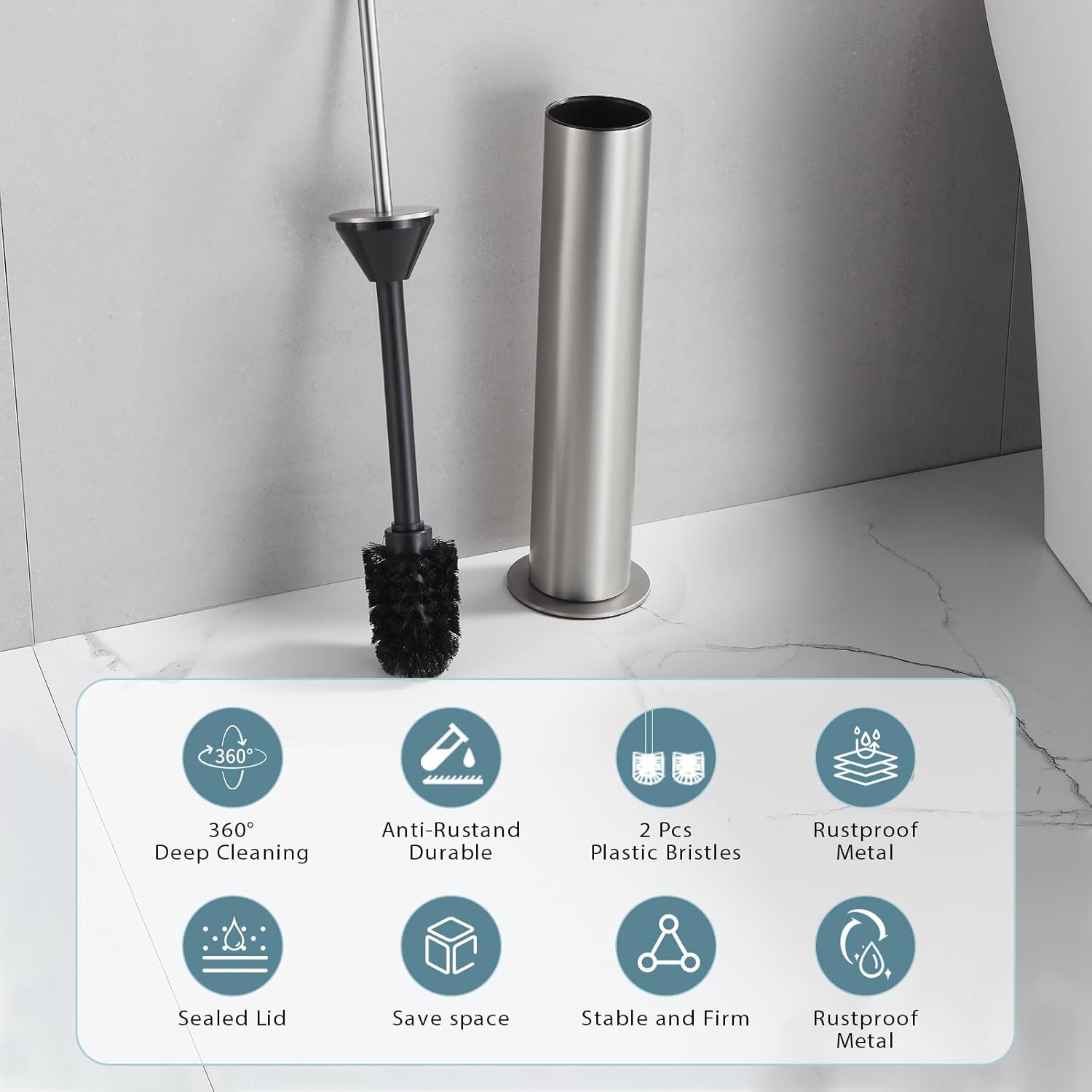 BGL Toilet Brush and Holder Set, Heavy Duty 304 Stainless Steel, Round Base and Long Handle for Bathroom Deep Cleaning, Drip-Proof, Space Saving for Storag, Stainless Steel