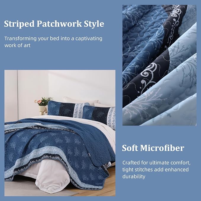 DJY Stripe Quilt Set Queen Size Blue Bedspread Coverlet Set 3 Pieces Boho - Image 7