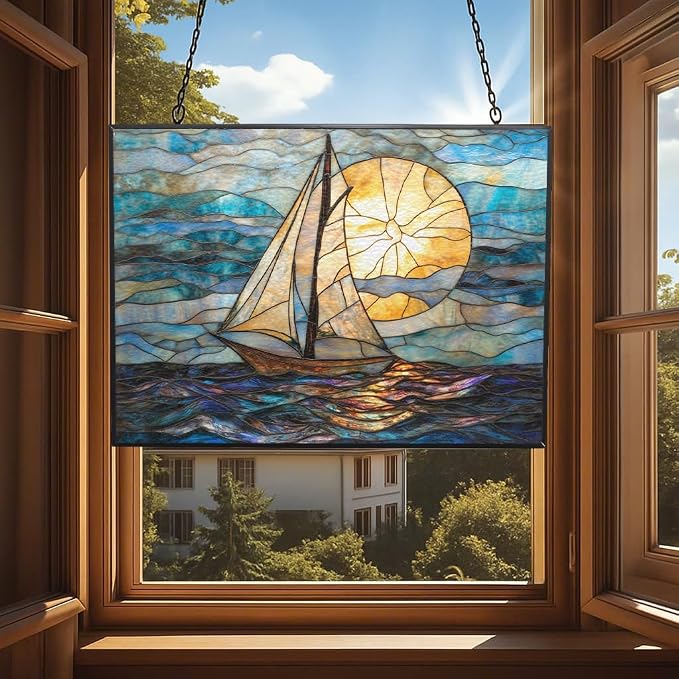 Rectangle Art Nouveau Horizon Sailboat Stained Glass Sun Catcher, Wall Hanging - Image 4