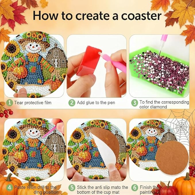 LWZAYS 8 Pcs 5D Autumn Scarecrow Diamond Art Coasters Kits - Image 5