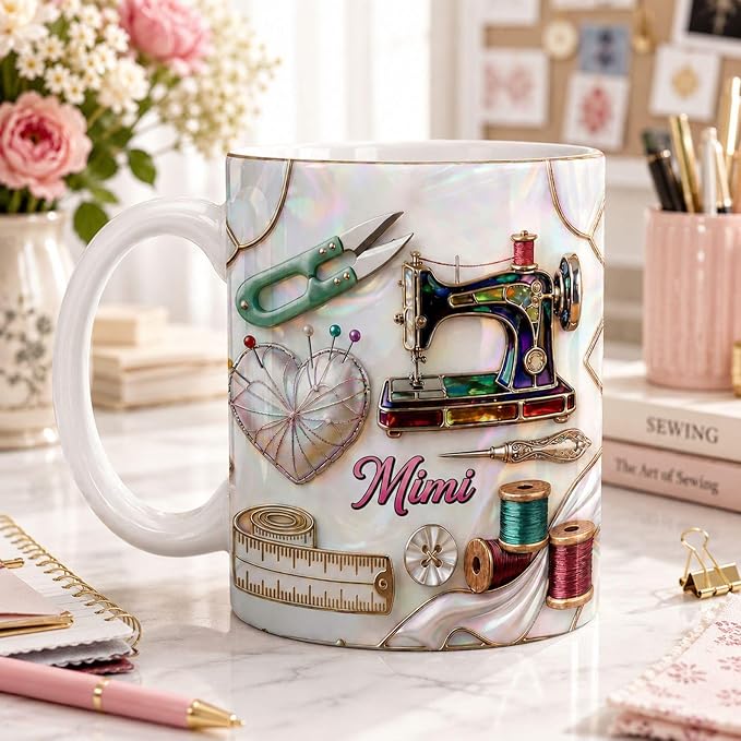 Sewing Stained Glass Faux 3D Ceramic Coffee Mug, Custom Sewing Machine Mug - Image 2