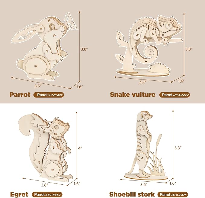 ELX 3D Wooden Animal Puzzles for Kids 6+, 4 Piece Set Animal Models, Wood - Image 2