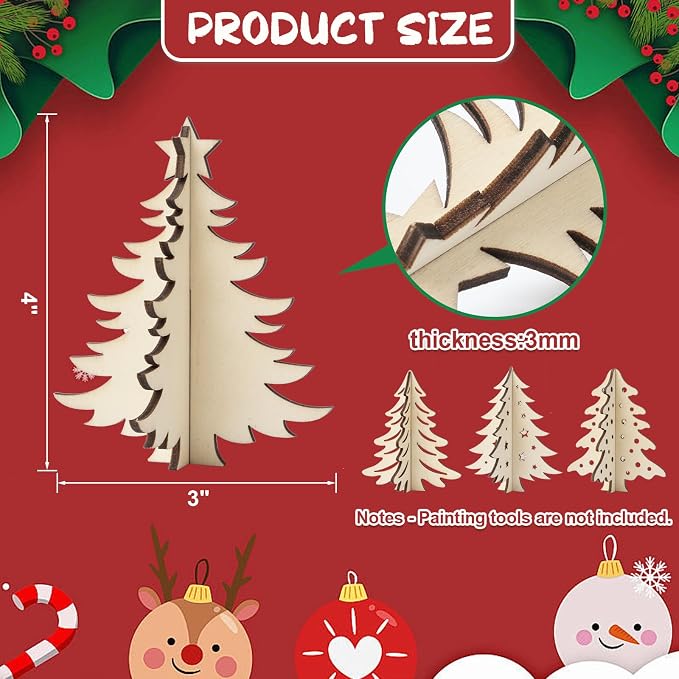 COCHIE DIY 3D Christmas Tree Wood Crafts to Paint, Paintable Unfinished Wooden - Image 2