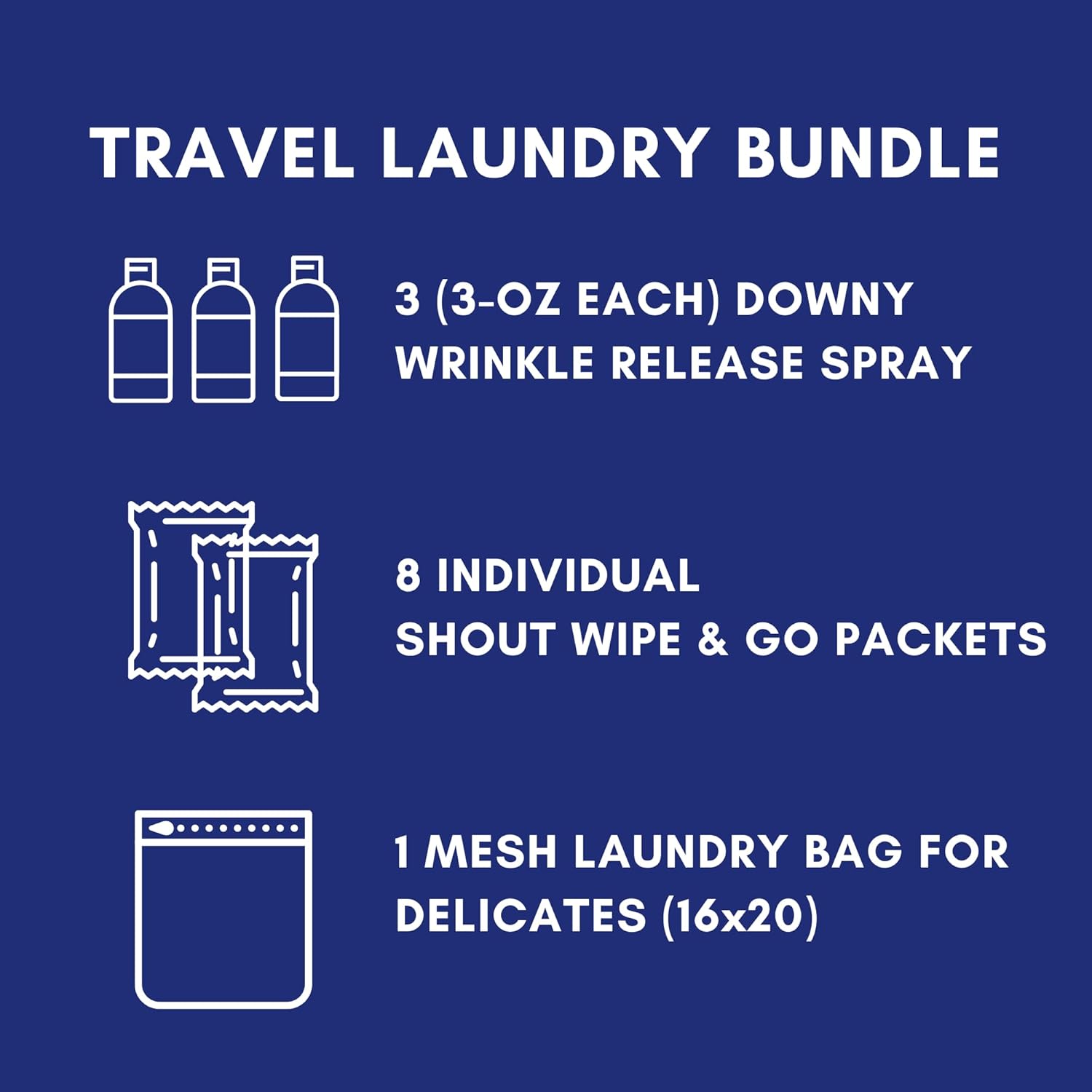 Downy Wrinkle Releaser Spray Travel Size 3 oz (Pack of 3), 8 Shout Wipes Individually Wrapped with Laundry Bag Gift Bundle, Ultimate Downy Wrinkle Release Spray & Shout Stain Remover Kit