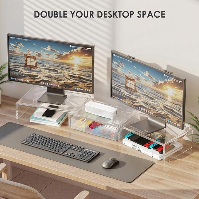 OPNICE Clear Acrylic Desk Organizers and Accessories, Dual Monitor Stand Riser - Image 4