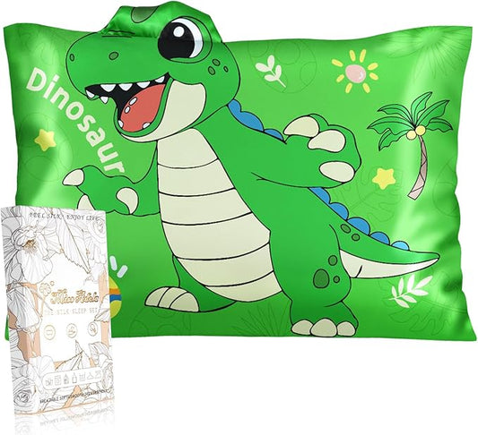 Kids Pillowcases Standard Size 20"x26" - Cute Cartoon Soft Breathable Silk Pillow Cases for Hair and Skin with Hidden Zipper for Fun Kawaii Design for Bedding, Green Dnosaur