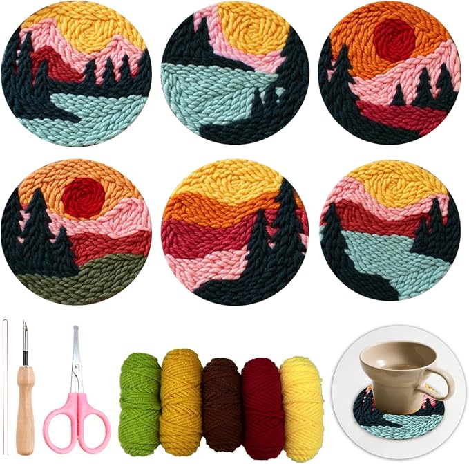 Punch Needle Coasters Kit for Beginners Adults, 6 Pattern Embroidery Scenery by Unknown