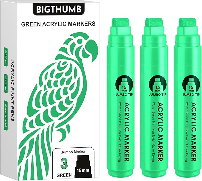 BIGTHUMB 3 Pcs Green Jumbo Permanent Markers: 15mm Wide Tip Thick Acrylic Paint by BIGTHUMB