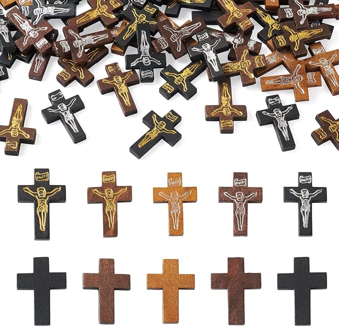 Cheriswelry 100Pcs Crucifix Cross Wood Pendants Crucifix Cross Printed Wooden by Cheriswelry