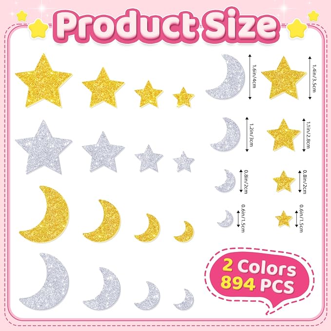 894Pcs Foam Stickers, Colorful Foam Shape Stickers Self Adhesive Star Moon - Image 2