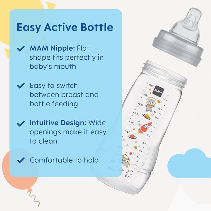 MAM Easy Active Baby Bottles 11oz w/Bonus Fast Flow Skinsoft Silicone Nipple - Wide Neck Ergonomic Design, Easy-Hold BPA-Free Construction, Leak-Proof Caps for 4+ Months, Girl (Pack of 6)