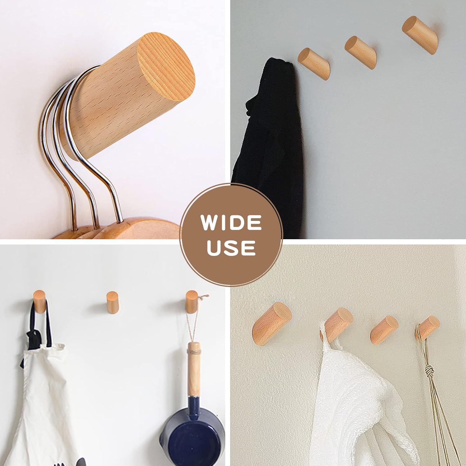 Wood Wall Hooks, 6 Pack Natural Wooden Coat Hooks Wall-Mounted, Rustic Heavy Duty Hook for Hanging Towels Coats Plants, Entryway Hat Hanger Wall Coat Rack (Beech Wood)