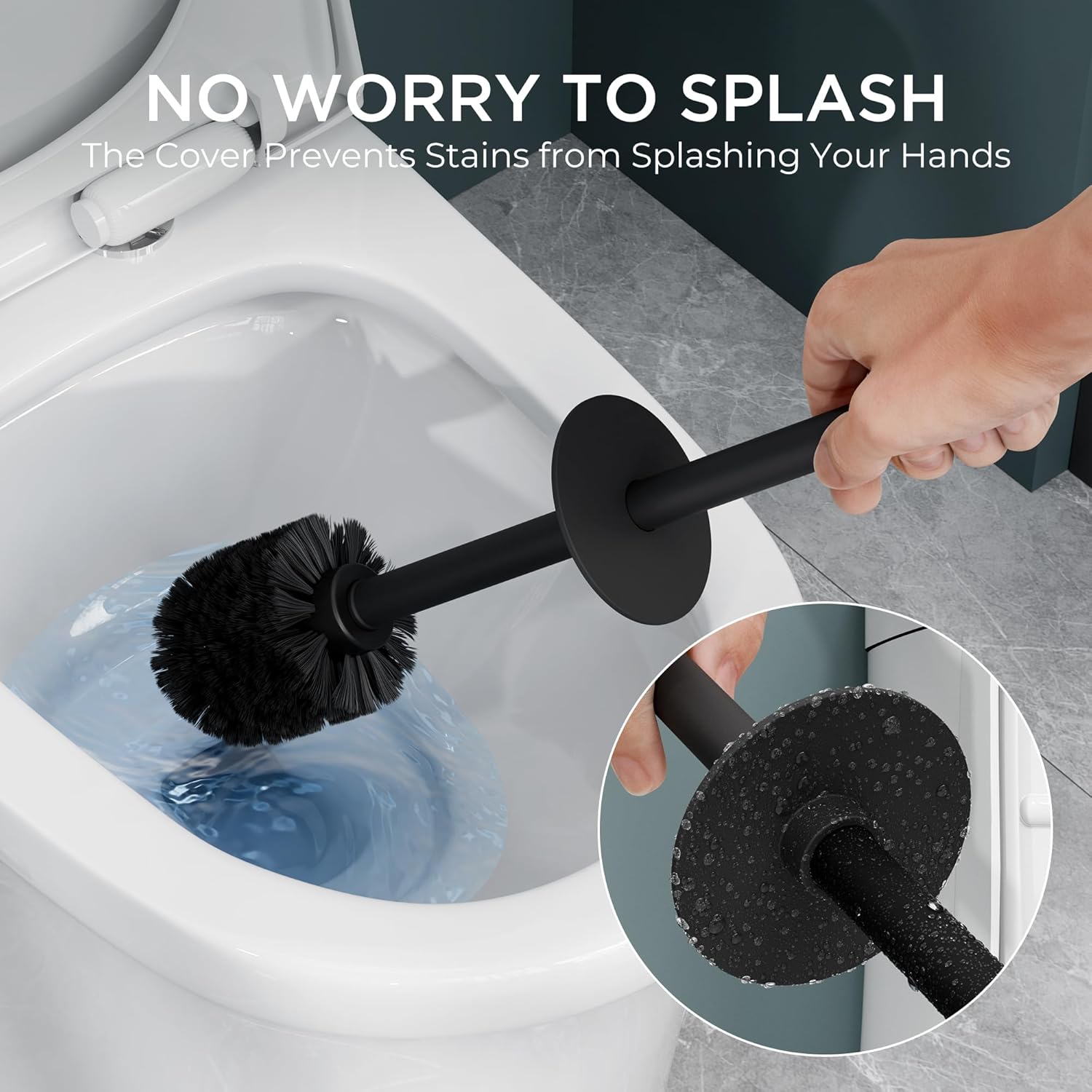 FORIOUS Toilet Brush and Holder Set Black, Heavy Duty 304 Stainless Steel Base and Long Handle Toilet Bowl Cleaners Brush, for Bathroom Storage and Organization, 2 Brush Head