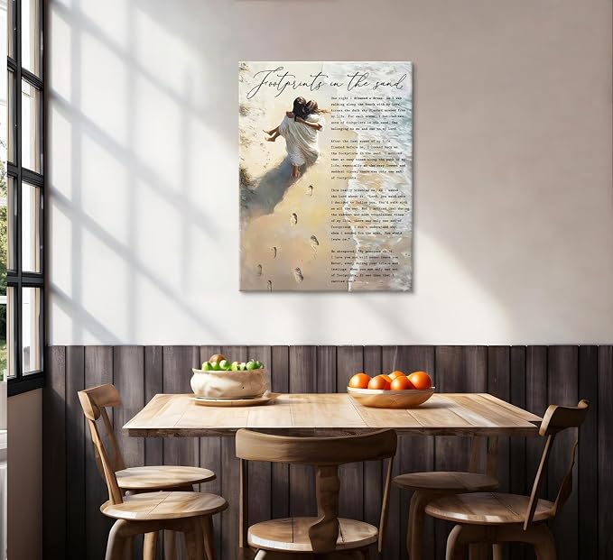 CYPQPCUH Jesus Footprints in the Sand Wall Art Canvas Print Jesus Holding Woman - Image 7