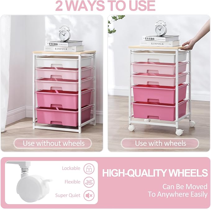 SYKIARIOL Utility Cart with 5 Drawers, Storage Drawer Cart with Wooden Tabletop - Image 7