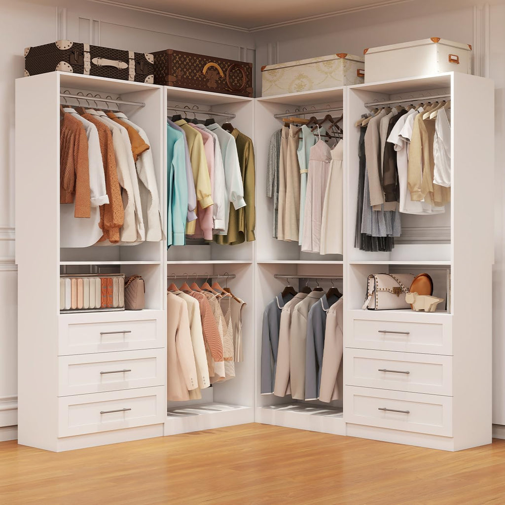 Closet System with 4 Sets, 8FT Closet Organizer Systems with 6 Wooden Drawers & 10 Hanging Rods, Walk in Closet Standalone Corner Closet System Modular Closet System Set White (8FT)