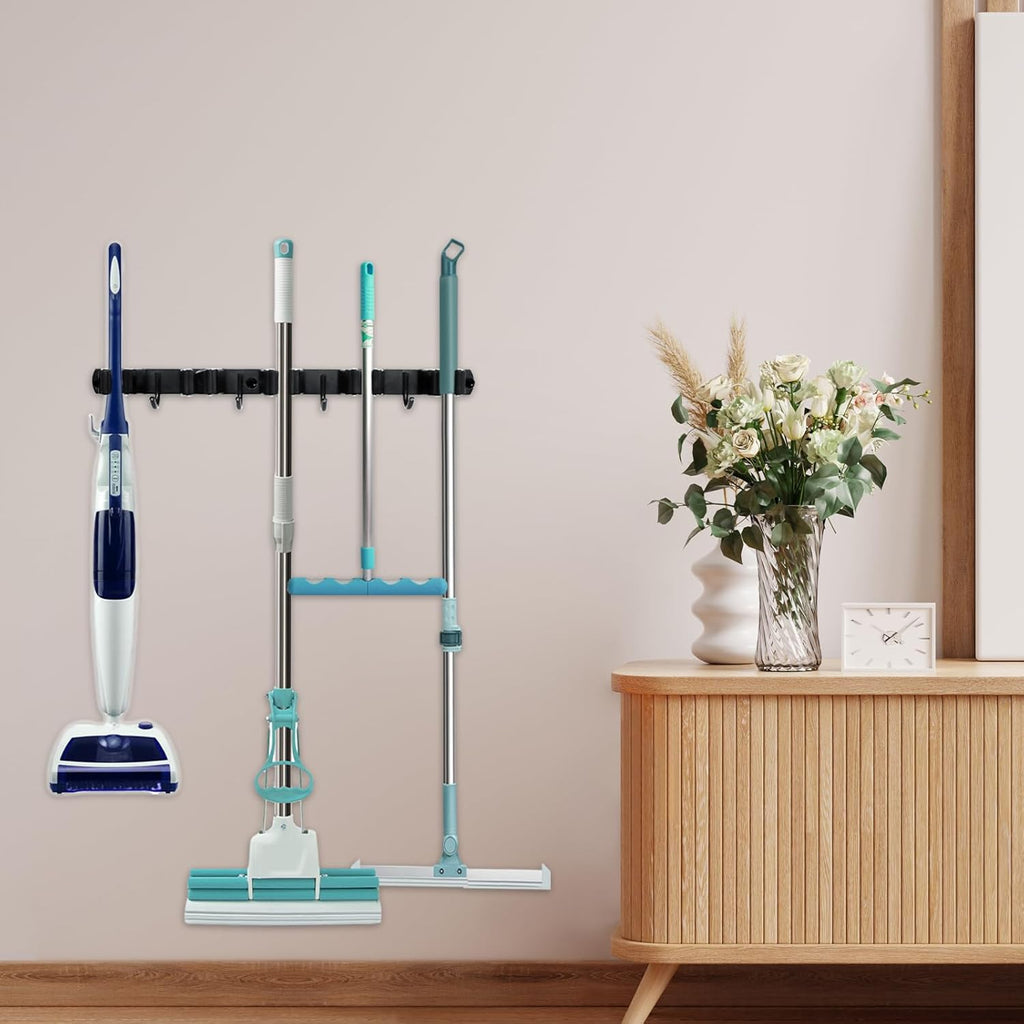Broom and Mop Holder Wall Mount - 5 Slots and 4 Hooks Stainless Steel Mop and Garden Tool Storage Rack for Bathroom, Kitchen, Garage, Outdoor （2Pcs