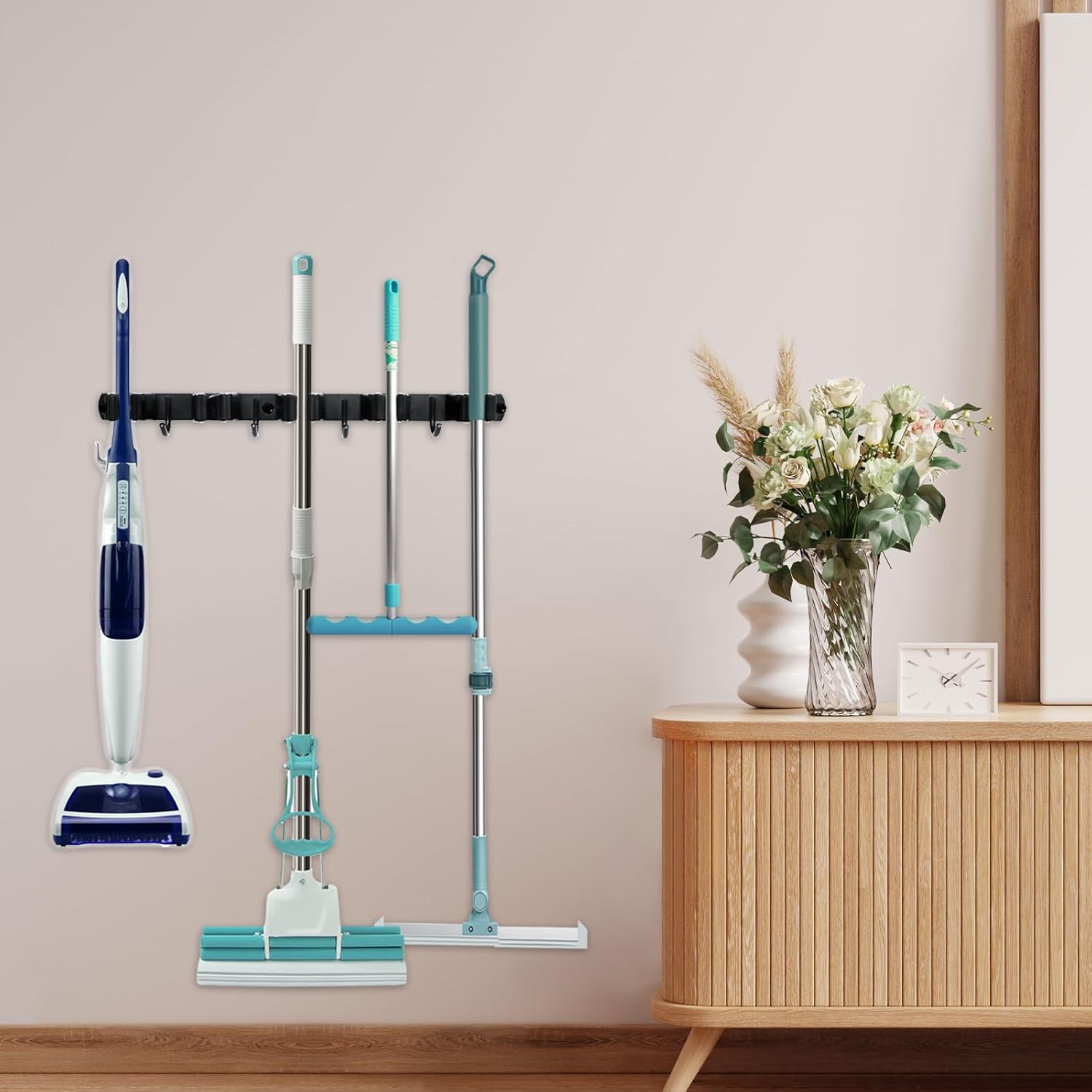 Broom and Mop Holder Wall Mount - 5 Slots and 4 Hooks Stainless Steel Mop and Garden Tool Storage Rack for Bathroom, Kitchen, Garage, Outdoor （2Pcs