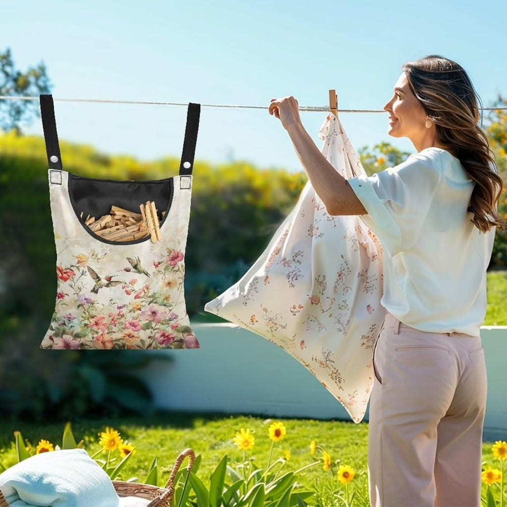 2 Pcs Hummingbird Pink Clothespin Bag, Large Clothes Pin Hanging Bag, Pin Bag with Large Opening for Clothes Lines Outside Yard Home Decoration