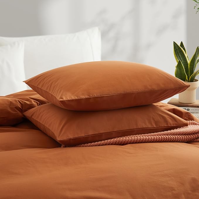 LOVQUE Burnt Orange Cotton Duvet Cover Queen Size, Linen Like Natural Bedding - Image 3