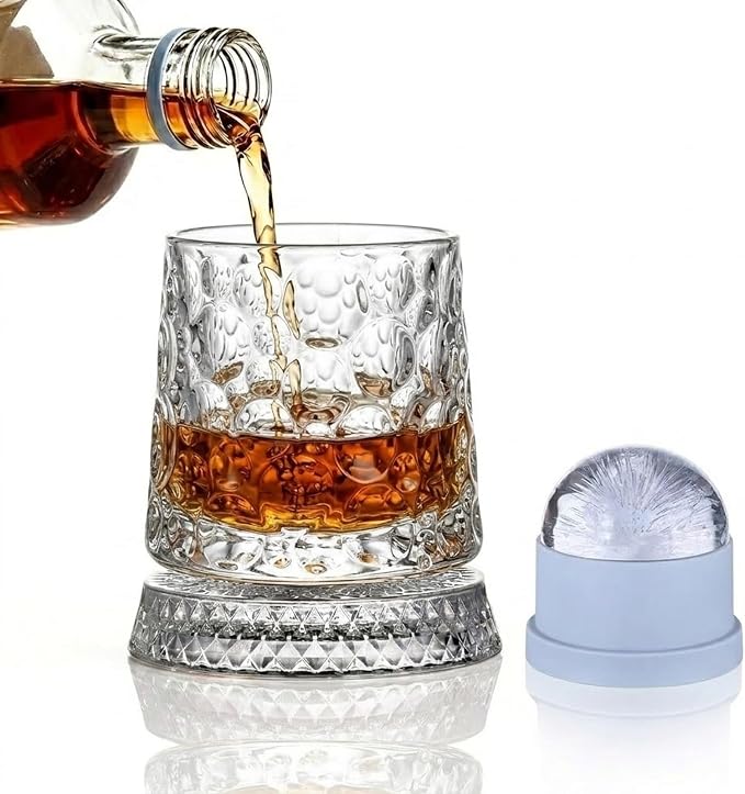 Rotating Whiskey Glass with Large Ice Ball Mold, Single Spinning Crystal by UNOD