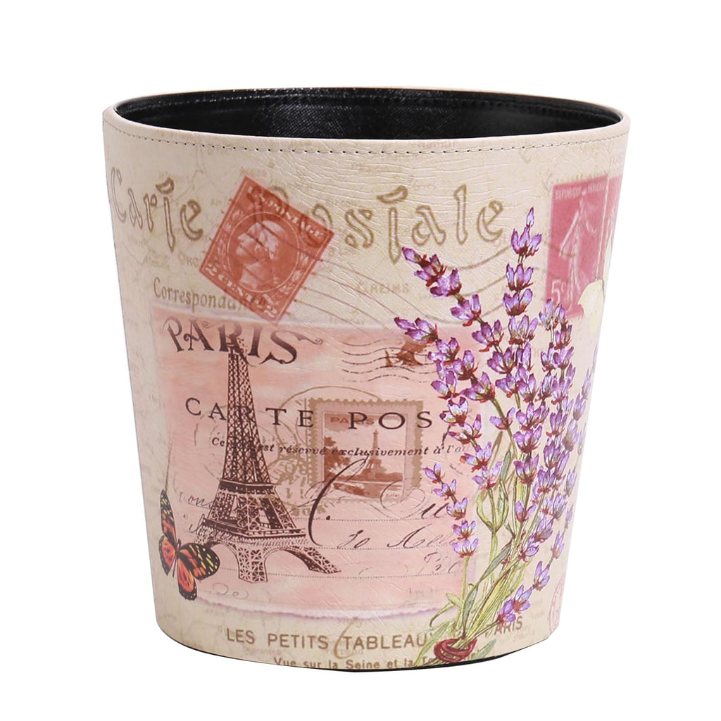 PU Leather Small Trash Can Wastebasket, Round Garbage Container Basket for Bathrooms, Laundry Room, Kitchens, Offices, Kids Rooms, Bedrooms,Dorms,Home Decorative Art Bin, 2.9 Gallon(Lavender Design)