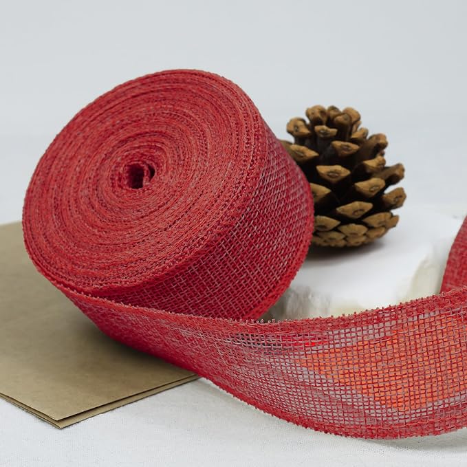 Red Burlap Ribbon 1-1/2 inch X 10 Yard Red Linen Wired Ribbon | Natural Linen - Image 3
