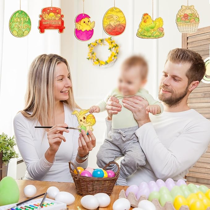 80PCS Wooden Easter Ornaments to Paint, 10 Styles DIY Blank Unfinished Wood Egg - Image 3