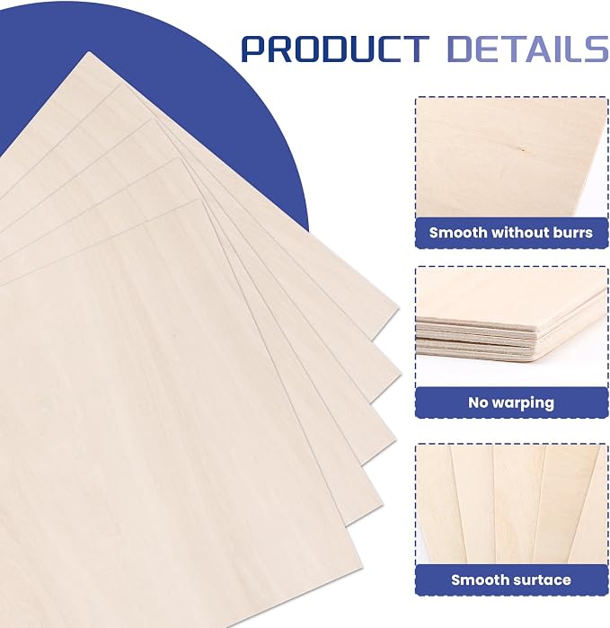 5 Pack Balsa Wood Sheet, Unfinished Wooden Squares Boards Balsa Plywood Wood - Image 3