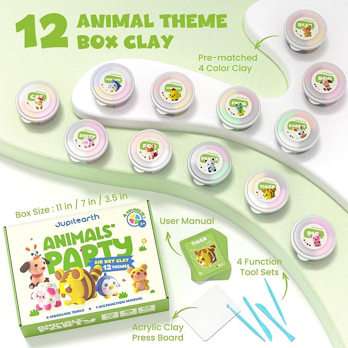 JUPITEARTH Air Dry Clay for Kids, 12 Animals Theme Party Modeling Clay Set | - Image 2