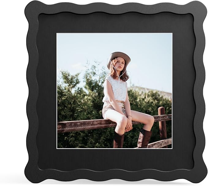 8x8 Picture Frame with Mat for 6x6, Wavy Edge Wooden Real Glass Photo Frame for by THKRLOF