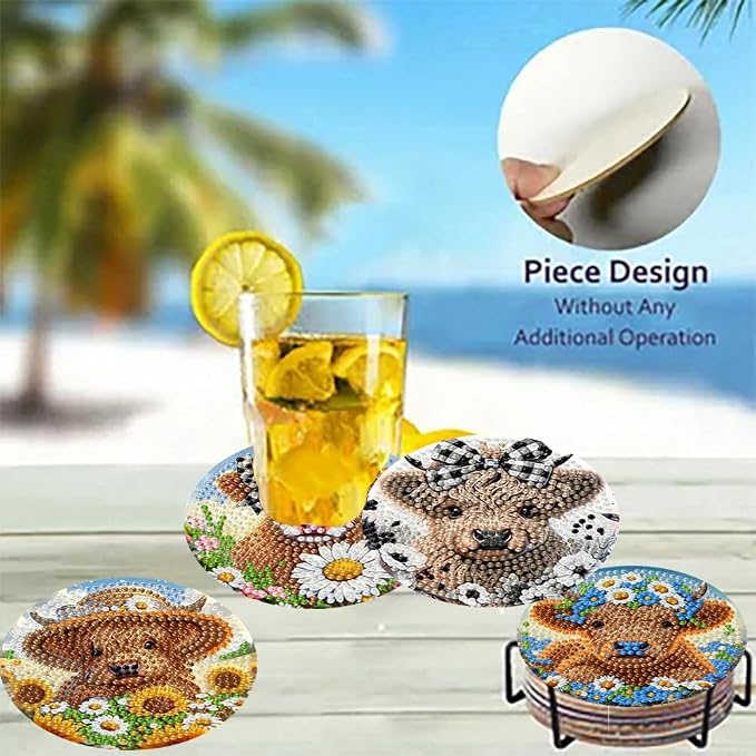 8 Pack Diamond Art Coasters, Highland Cow Diamond Painting Coasters Kits | Cow - Image 4