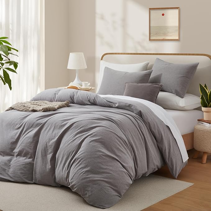 LOVQUE Light Grey Duvet Cover Full Size, 100% Washed Cotton Linen Like Bedding - Image 2