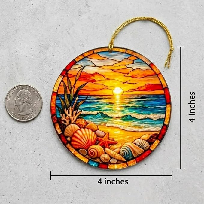Beach Gifts for Women Acrylic Faux Stained Glass Ornament, Ocean Sunset Coastal - Image 3