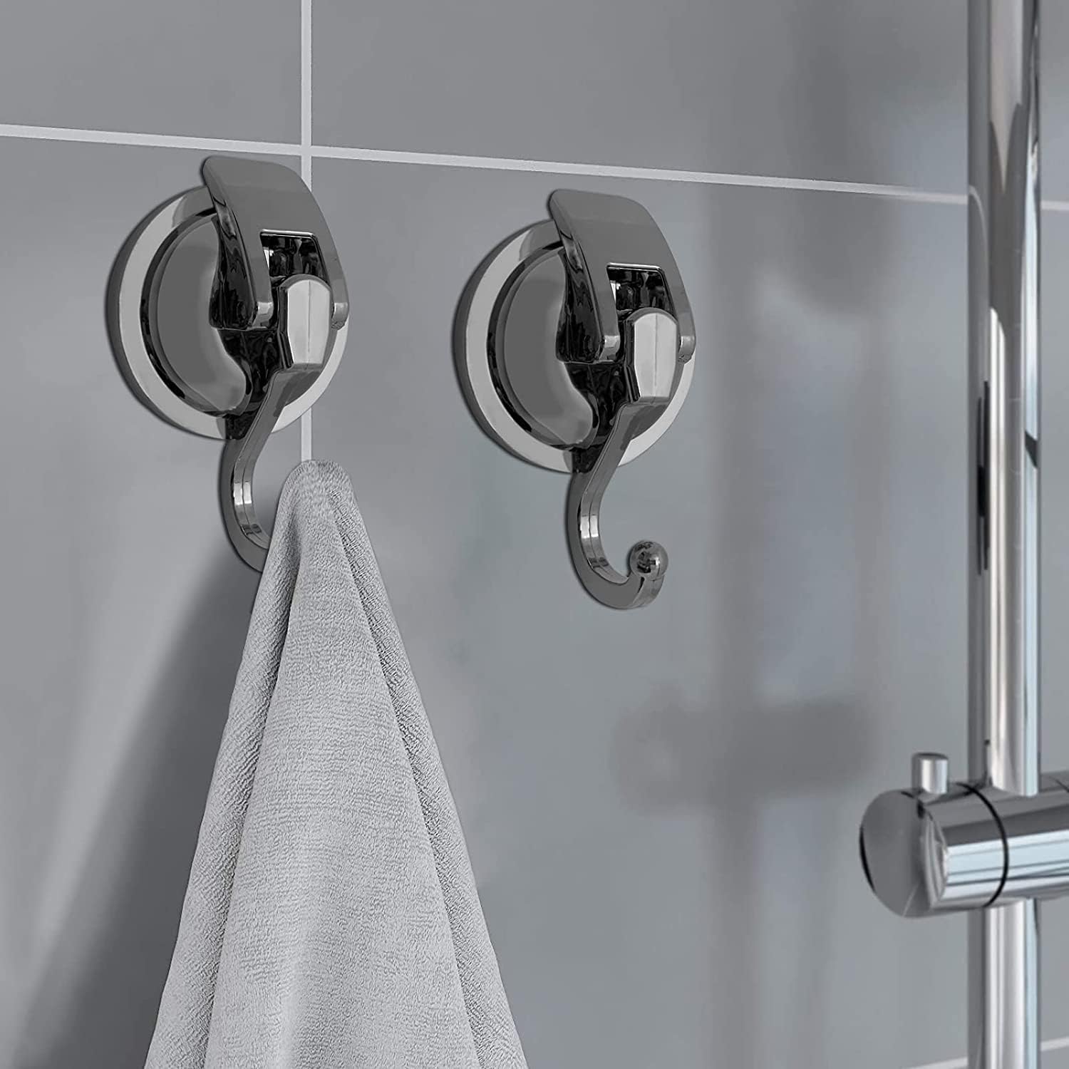 Heavy Duty Suction Cup Hooks for Shower, Bathroom Robe - Vacuum Glass Hooks, Reusable, No Hole Punched, for Garland Decoration (Silver Grey, 6 Pack)