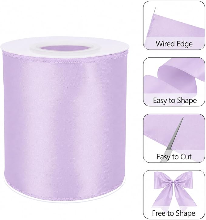 Light Purple 4 Inch Continuous 15 Yards Satin Wired Ribbon - Image 3