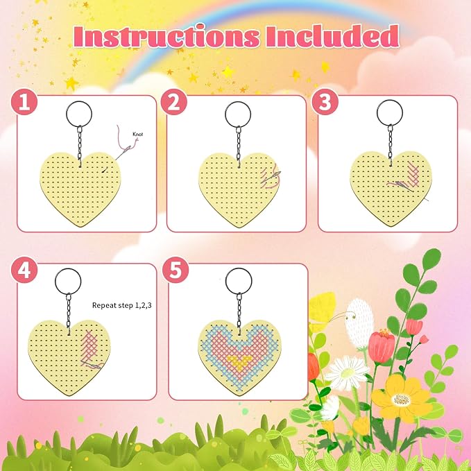 VKPI Wooden Cross Stitch Kits for Kids, Make Your Own 6 Cross Stitching Keyrings - Image 3