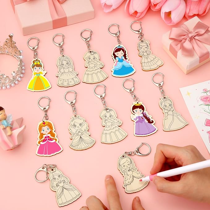 RattanView 24 Pcs Princess Craft Color Your Own Keychains DIY Craft Wooden - Image 4