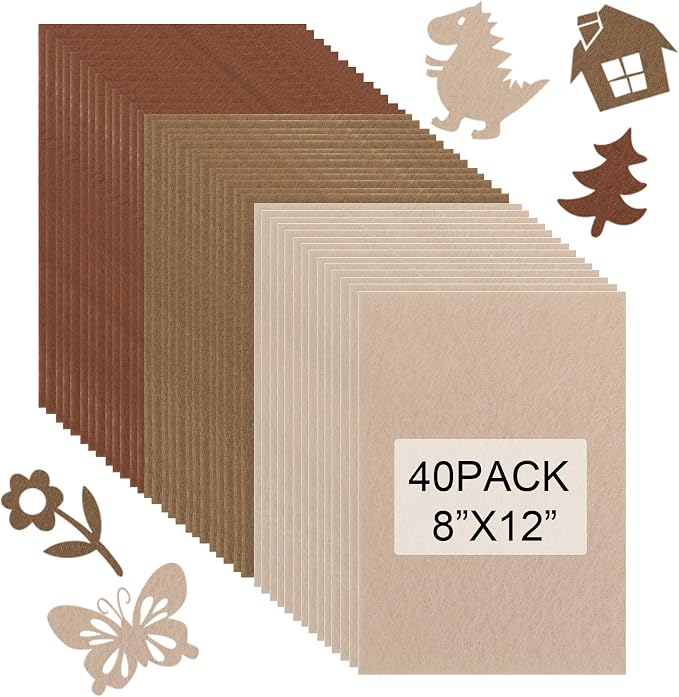 40 Pcs Stiff Felt Fabric Sheet for Crafts, 1mm Thick and 8”x12”Brown Series by Tiparts