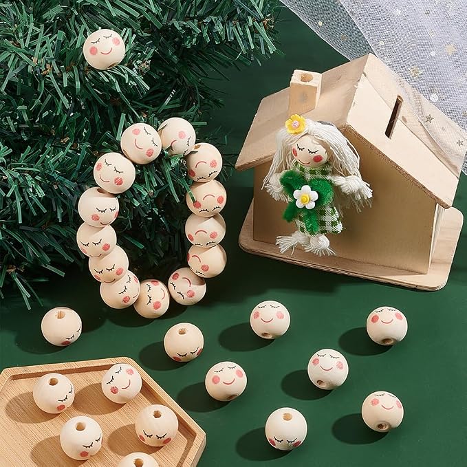 OLYCRAFT 50pcs 20mm Smile Face Wood Beads Round Wooden Beads Painted Head Bead - Image 5