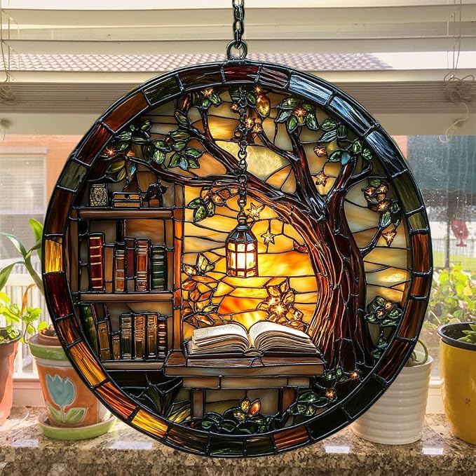 Forest Library Bookshelves Acrylic Suncatcher Stained Glass Effect Window Car - Image 4