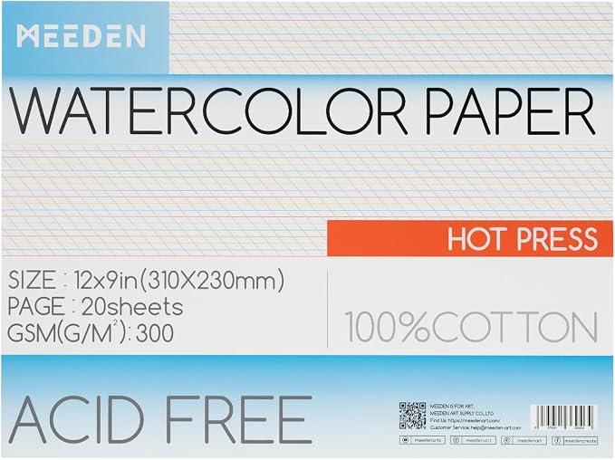 MEEDEN Watercolor Paper Block, 100% Cotton Watercolor Paper Pad of 20 Sheets by MEEDEN