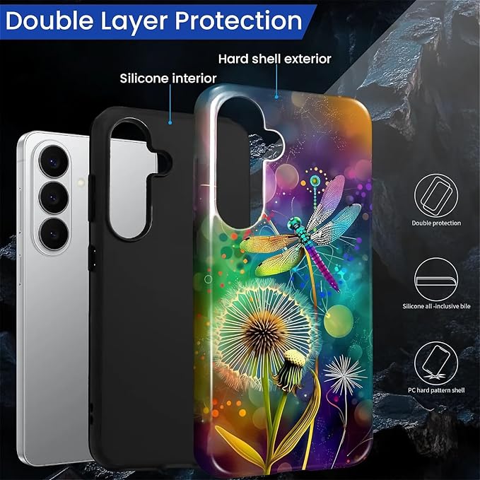for Samsung Galaxy S26 Case, Dragonfly Dandelion Colorful Pattern Glossy 2 in 1 - Image 3