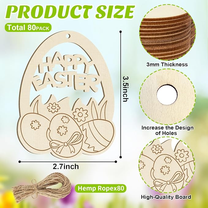 80PCS Wooden Easter Ornaments to Paint, 10 Styles DIY Blank Unfinished Wood Egg - Image 7