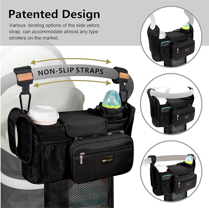 TOPDesign Universal Baby Stroller Organizer, Stroller Caddy with Detachable Mesh Bag & Heightened Insulated Cup Holders & Non-Slip Secure Hooks Accessories, Fits Most Strollers (Mermaid)