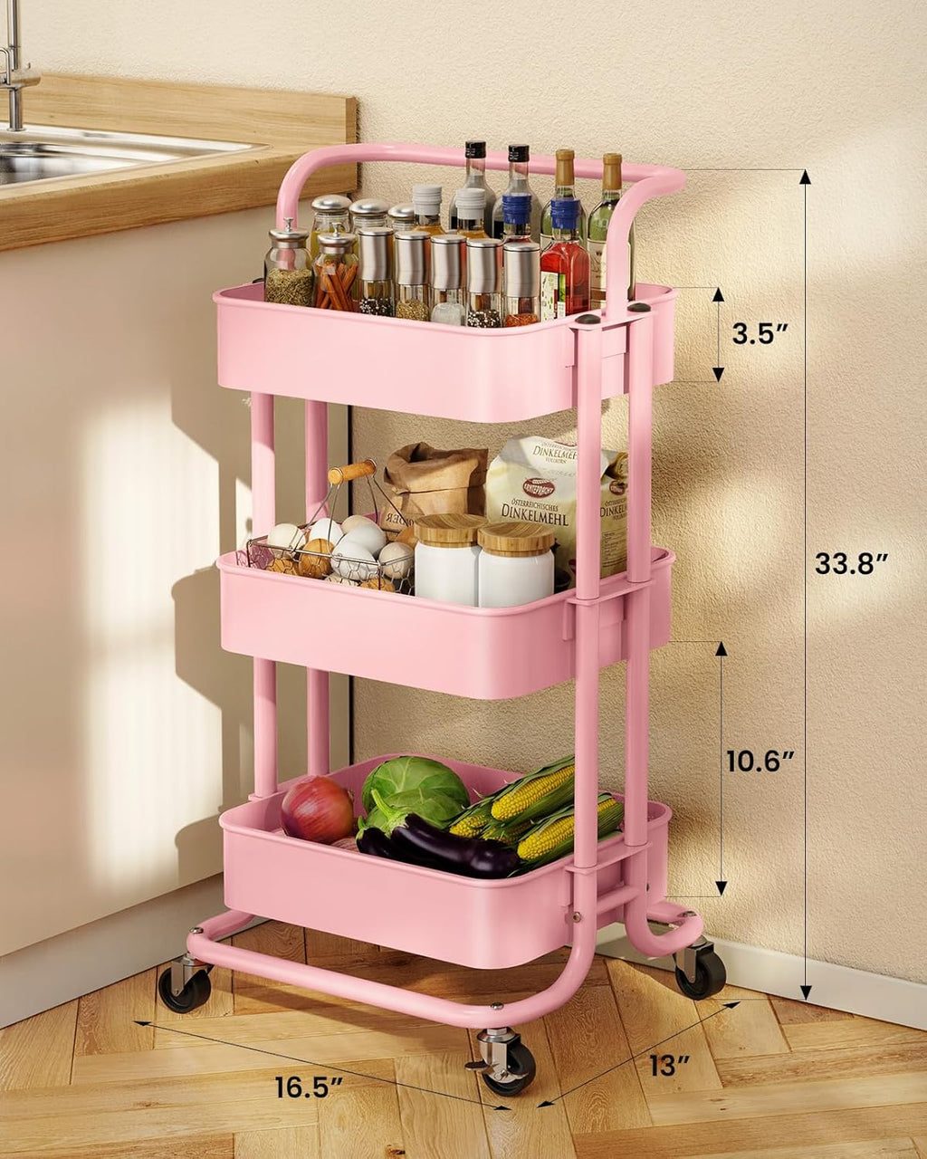 Pipishell 3 Tier Mesh Utility Cart, Rolling Metal Organization Cart with Handle and Lockable Wheels, Multifunctional Storage Shelves for Kitchen Living Room Office Pink