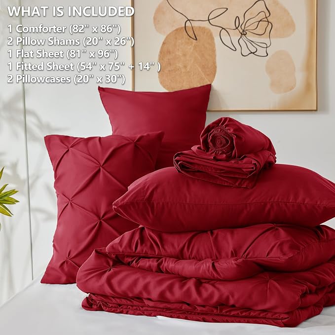 CozyLux Full Size Comforter Sets Dark Red, 7 Pieces Pintuck Bed in A Bag Red - Image 7