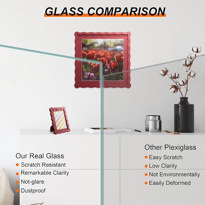 4x4 Picture Frame with Mat for 3x3, Wavy Edge Wooden Real Glass Photo Frame for - Image 2